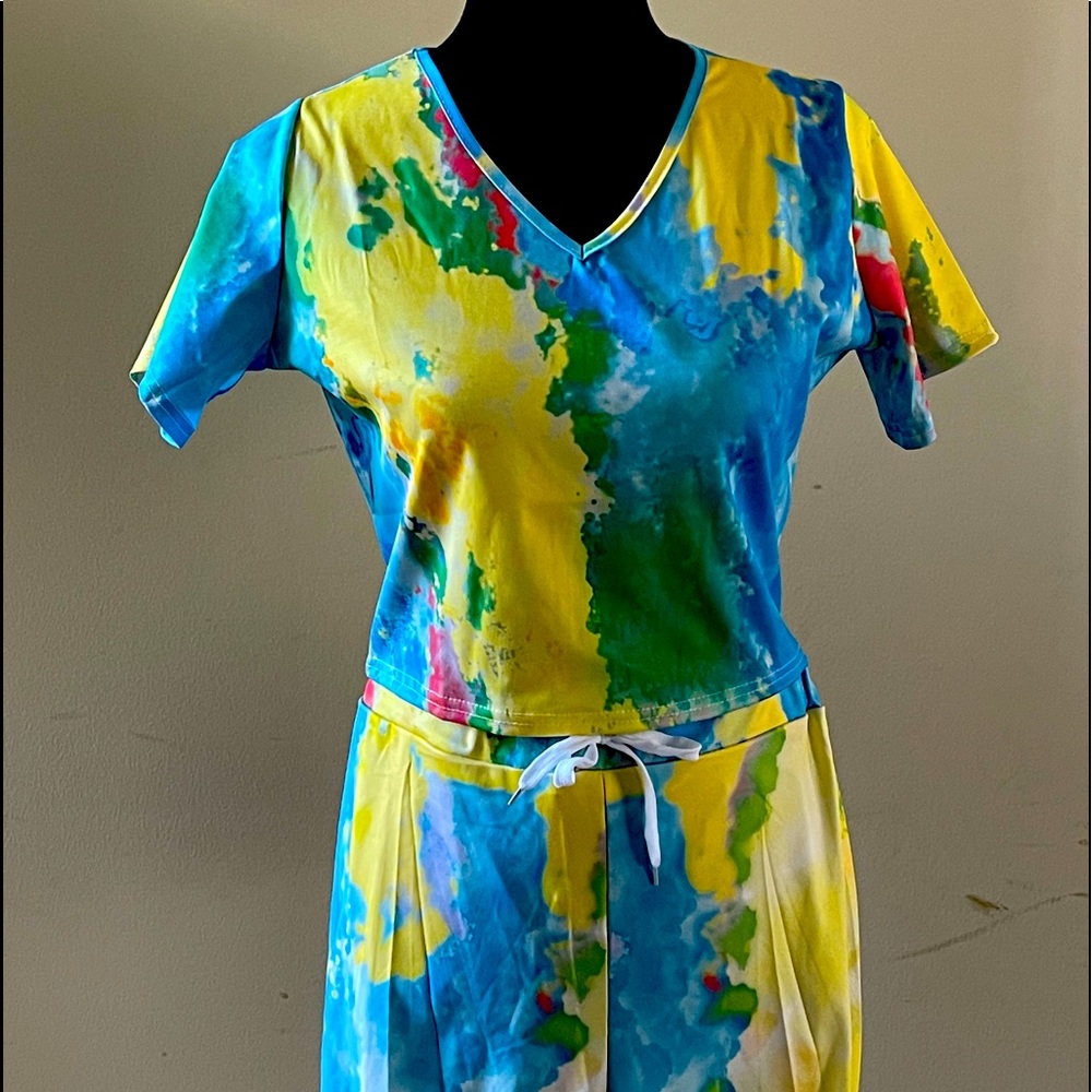 Two piece tie-dyed crop top/pant set